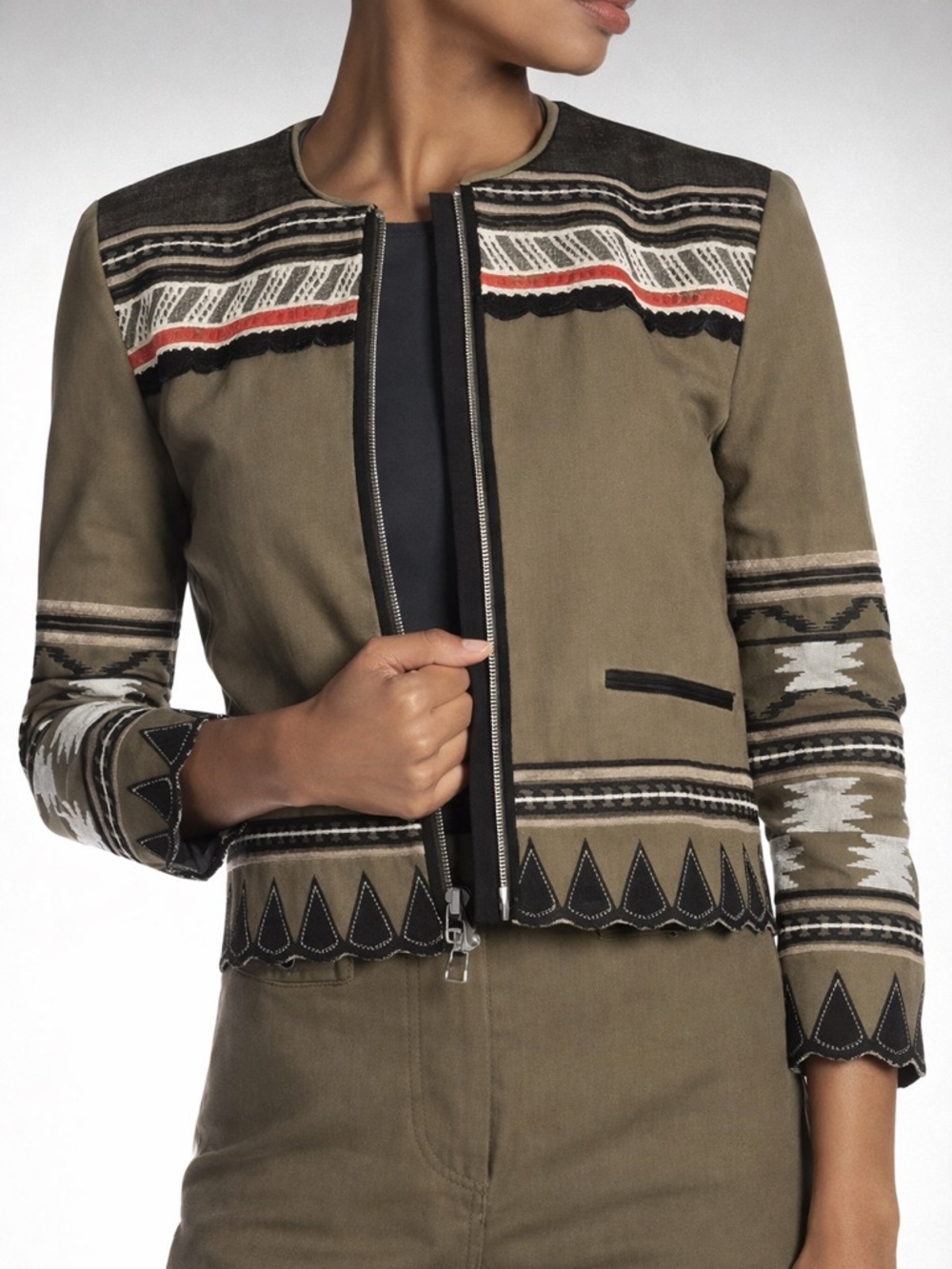 Veronica Beard Marisol Cotton Green Beaded 3/4 Sleeve Zip Blazer Jacket M